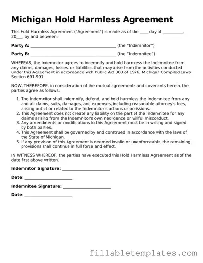 Printable Hold Harmless Agreement Form for the State of Michigan