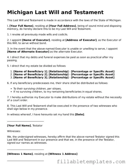 Printable Last Will and Testament Form for the State of Michigan