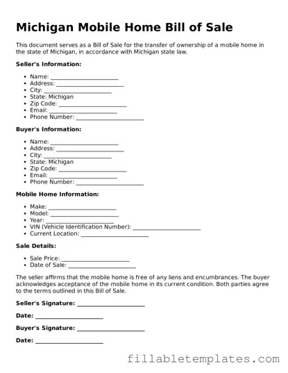 Printable Mobile Home Bill of Sale Form for the State of Michigan