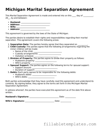 Printable Marital Separation Agreement Form for the State of Michigan