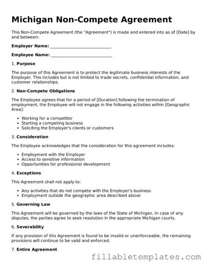 Printable Non-compete Agreement Form for the State of Michigan