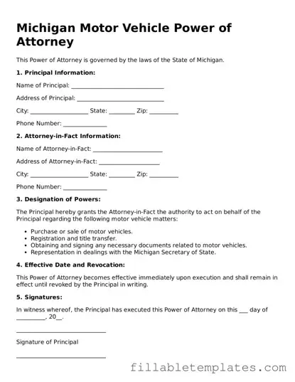 Printable Motor Vehicle Power of Attorney Form for the State of Michigan