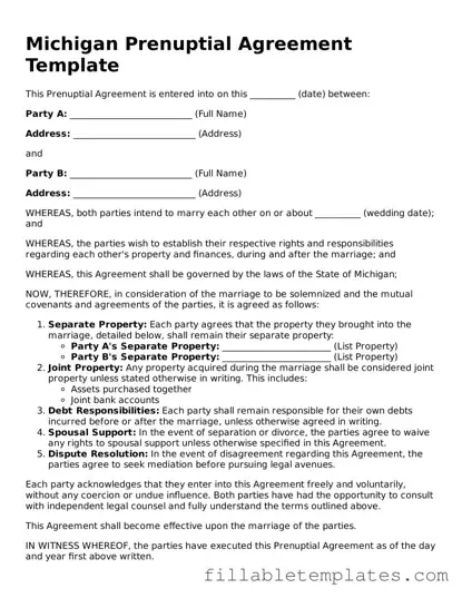 Printable Prenuptial Agreement Form for the State of Michigan