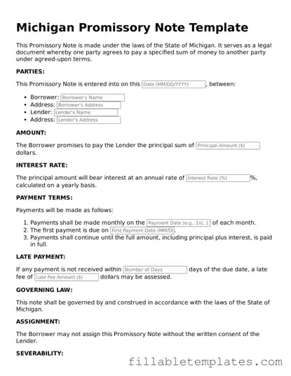 Printable Promissory Note Form for the State of Michigan