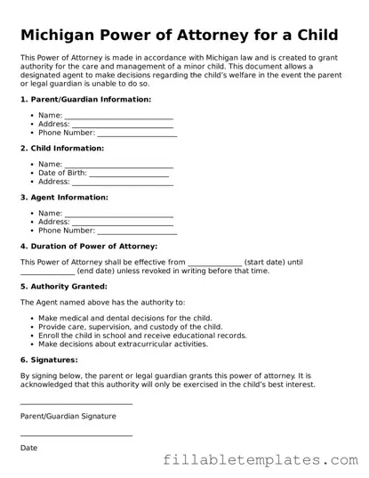 Printable Power of Attorney for a Child Form for the State of Michigan
