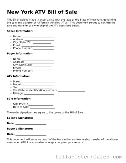 Printable ATV Bill of Sale Form for the State of New York
