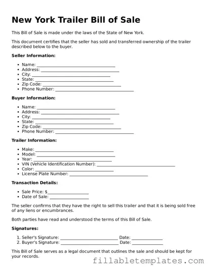 Printable Trailer Bill of Sale Form for the State of New York