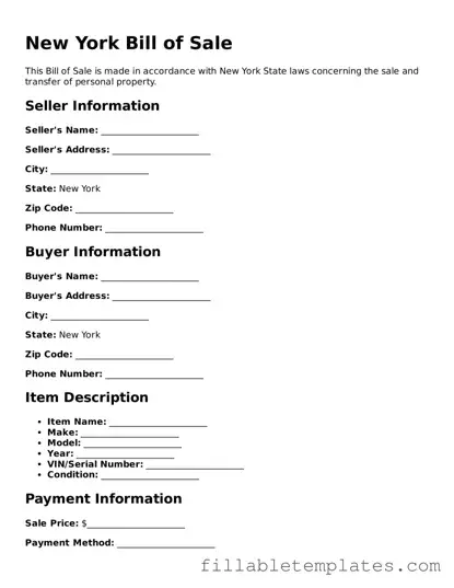 Printable Bill of Sale Form for the State of New York