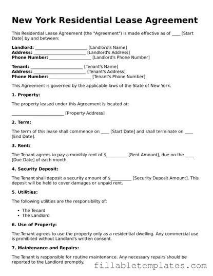 Printable Residential Lease Agreement Form for the State of New York