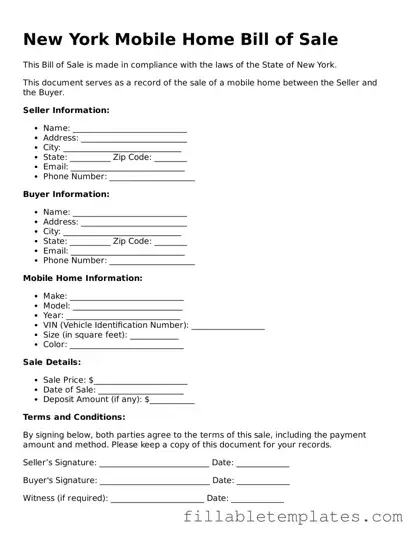 Printable Mobile Home Bill of Sale Form for the State of New York