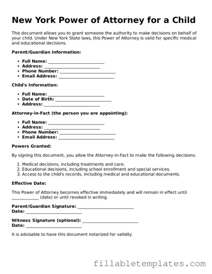 Printable Power of Attorney for a Child Form for the State of New York