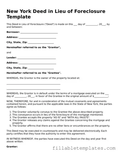 Printable Deed in Lieu of Foreclosure Form for the State of New York