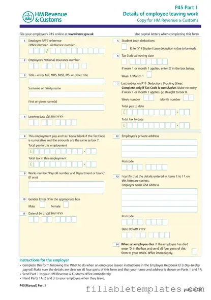 Official P 45 It Template in PDF