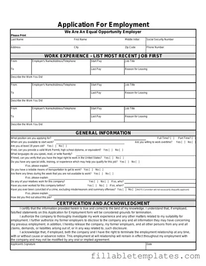 Official Spanish Application Employment Template in PDF