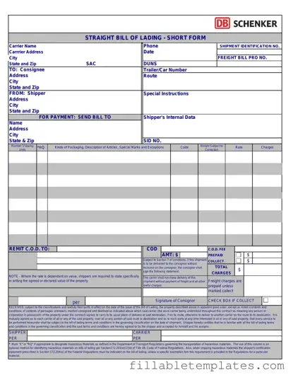 Official Straight Bill Of Lading Template in PDF