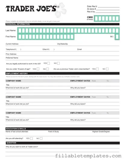 Official Trader Joe's application Template in PDF