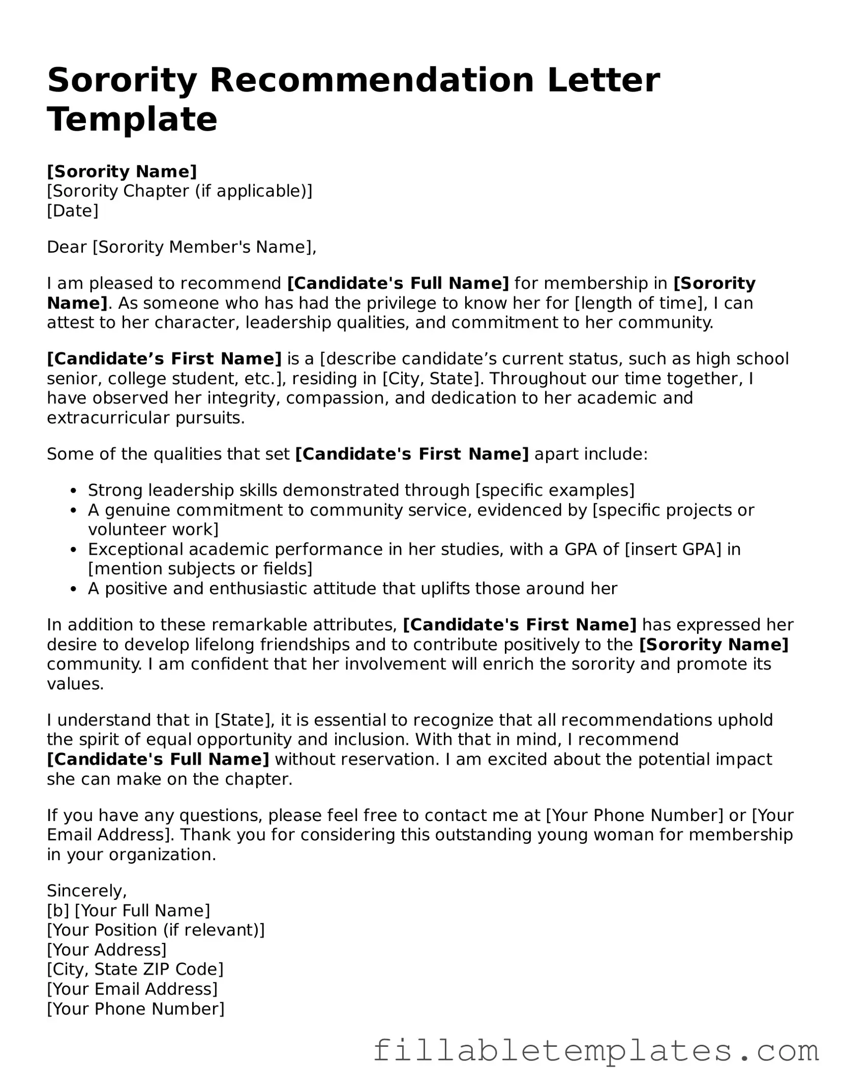 Printable Sorority Recommendation Letter Form