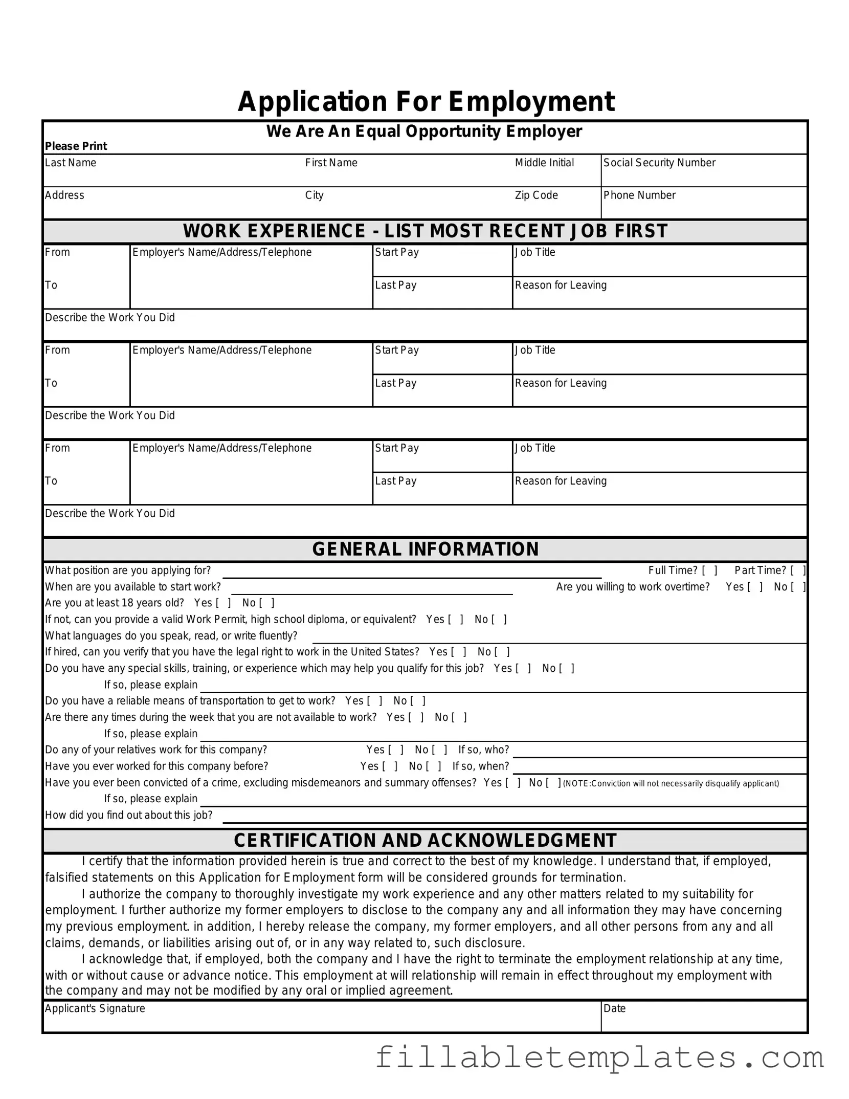 Official Spanish Application Employment Template in PDF