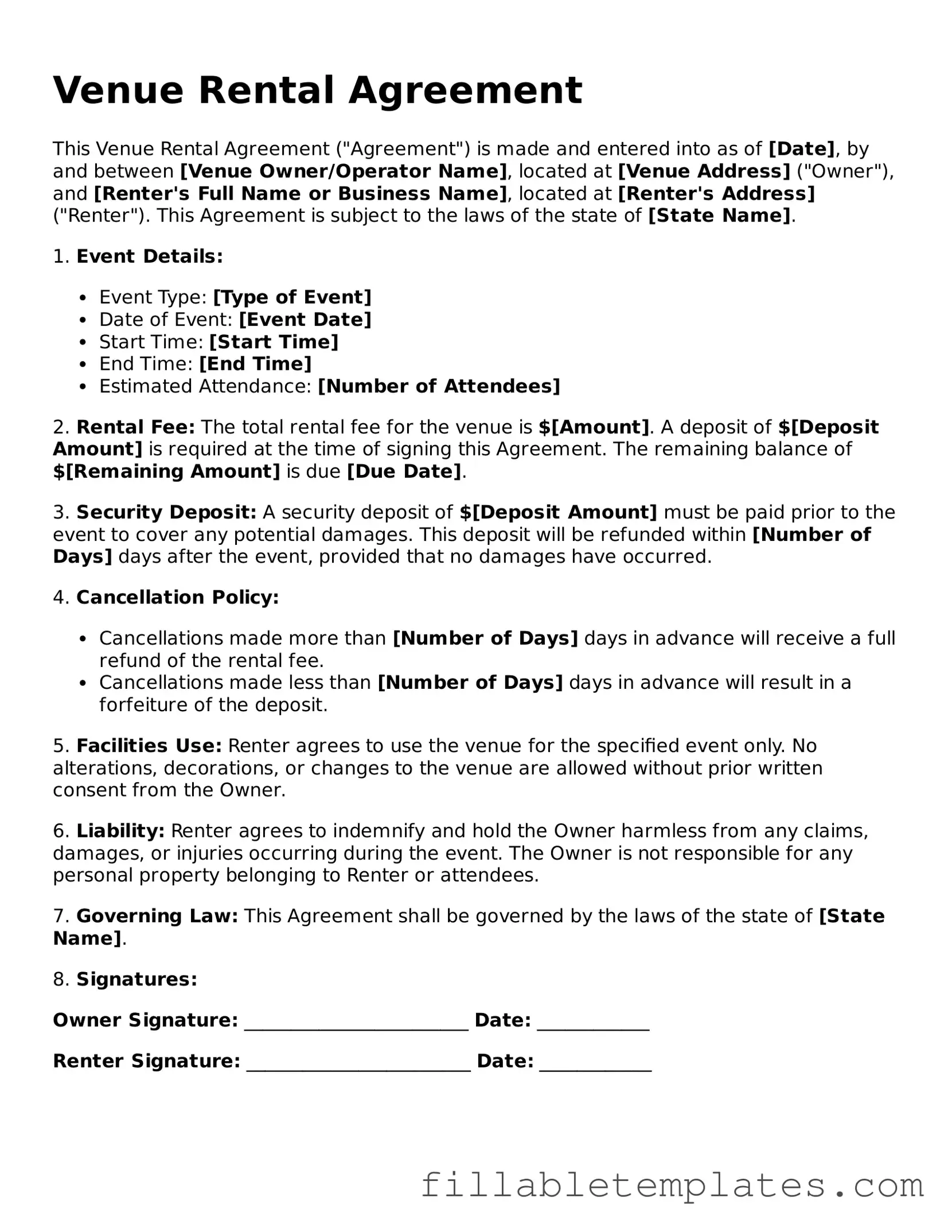 Printable Venue Rental Agreement Form