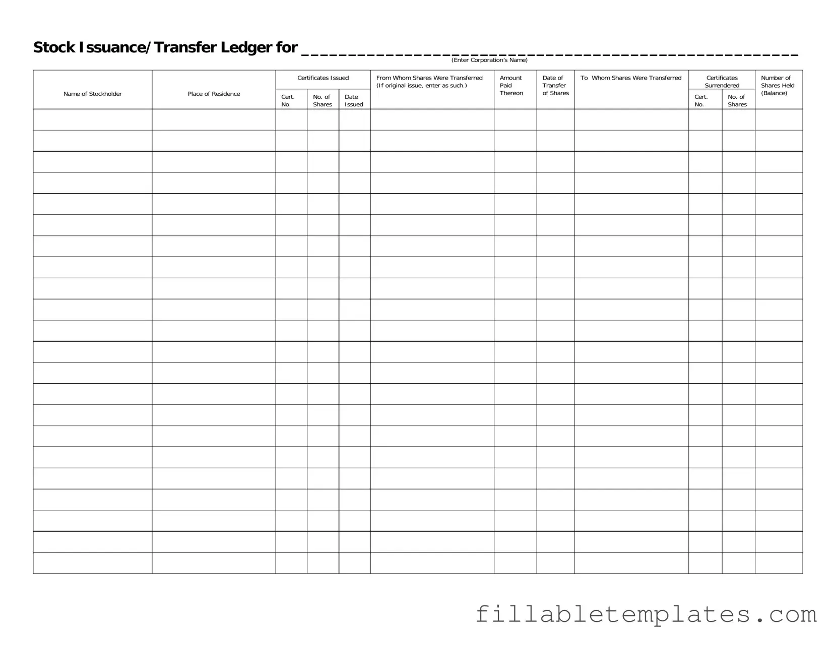 Official Stock Transfer Ledger Template in PDF