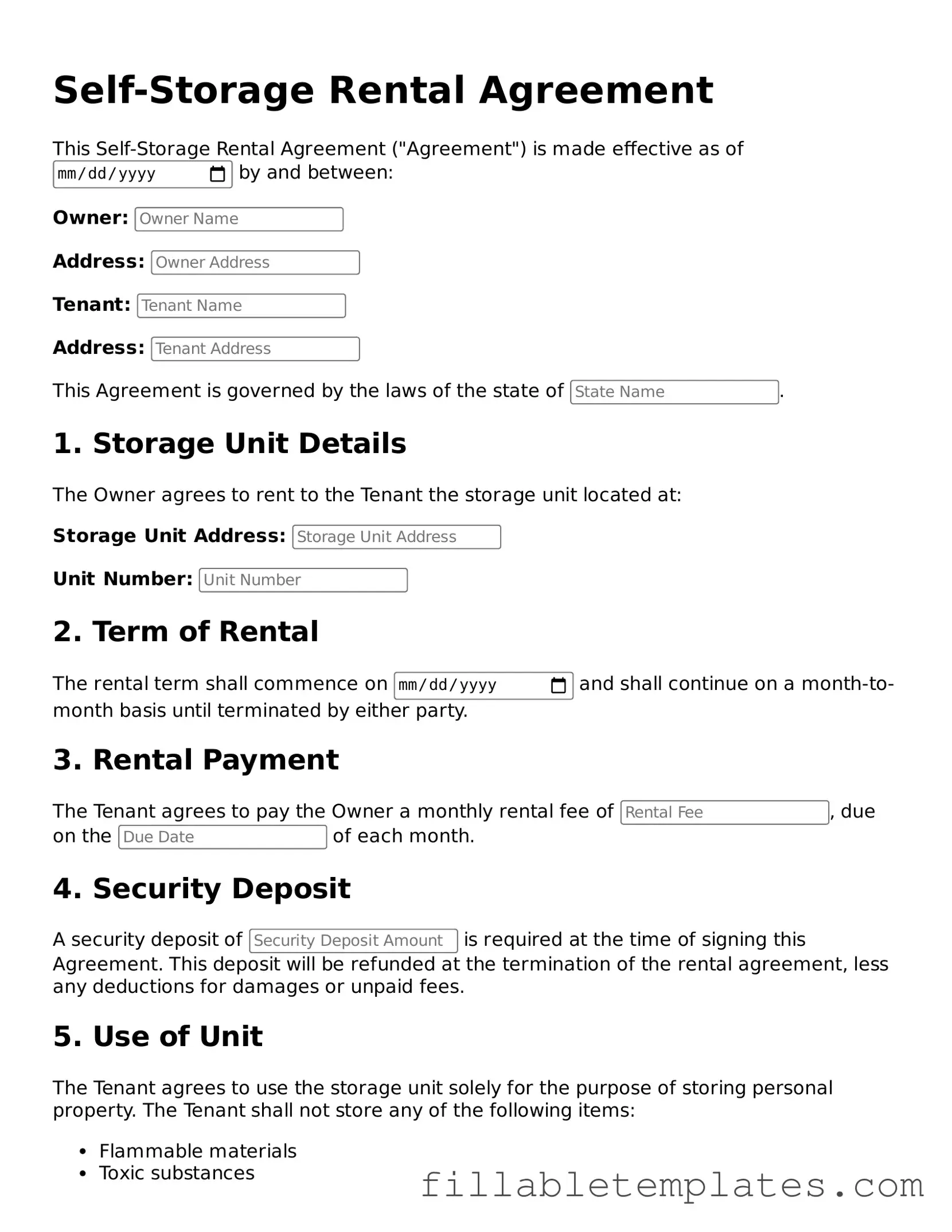 Printable Self-Storage Rental Agreement Form