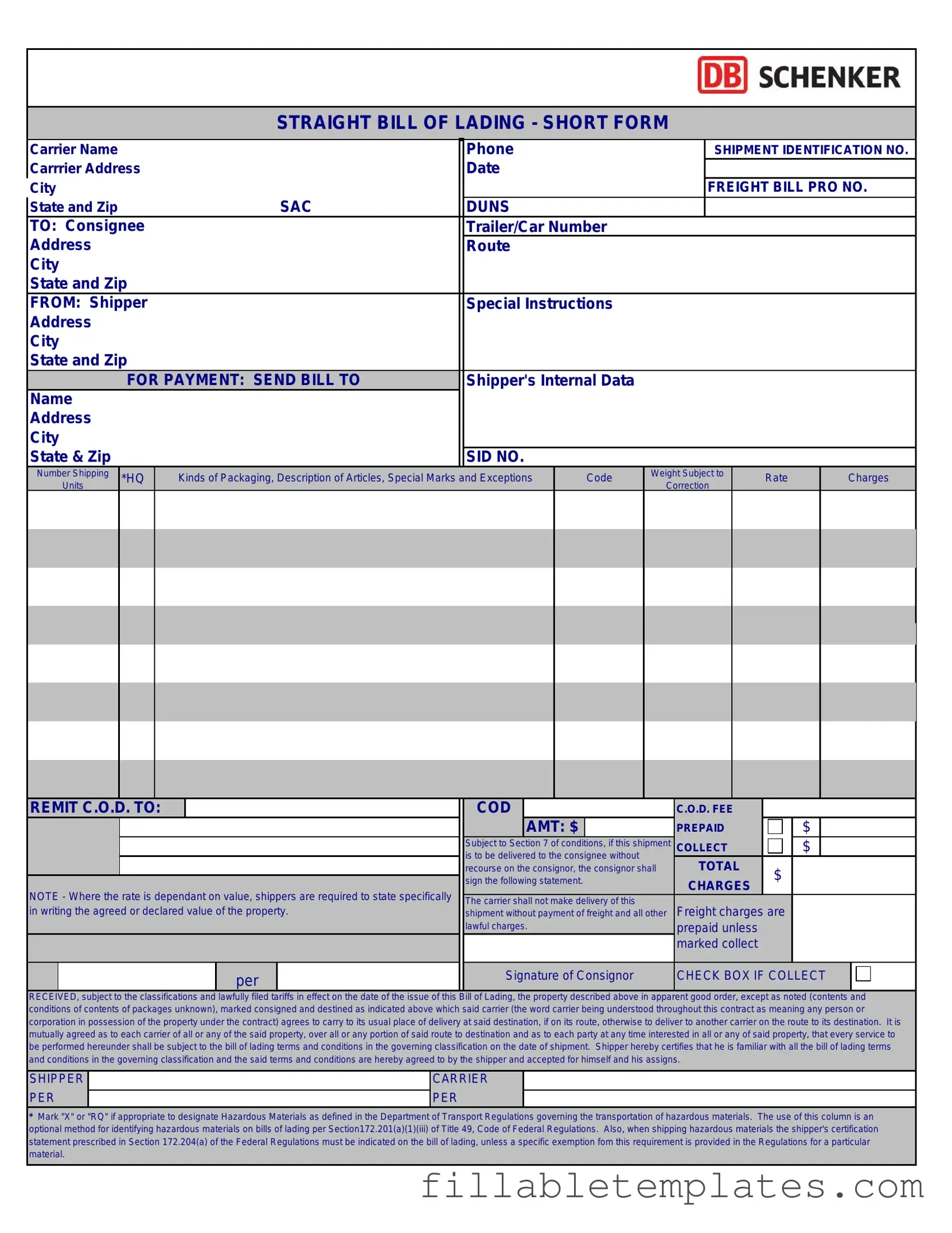 Official Straight Bill Of Lading Template in PDF