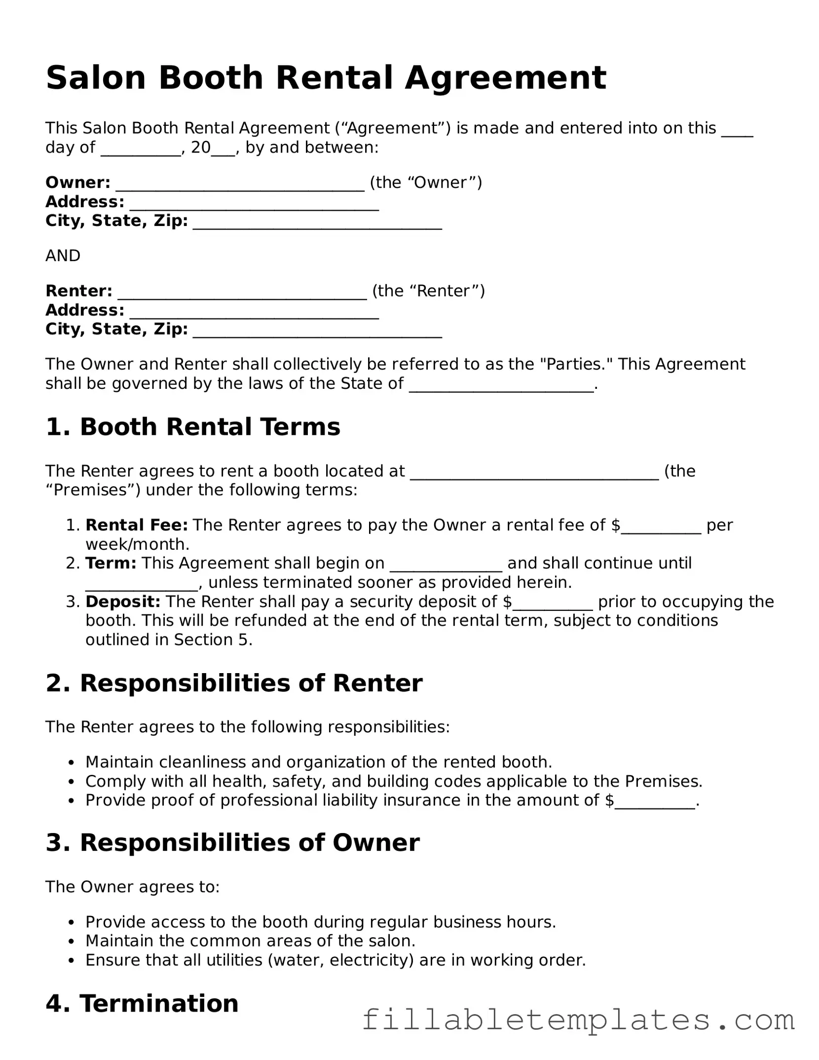 Printable Salon Booth Rental Agreement Form