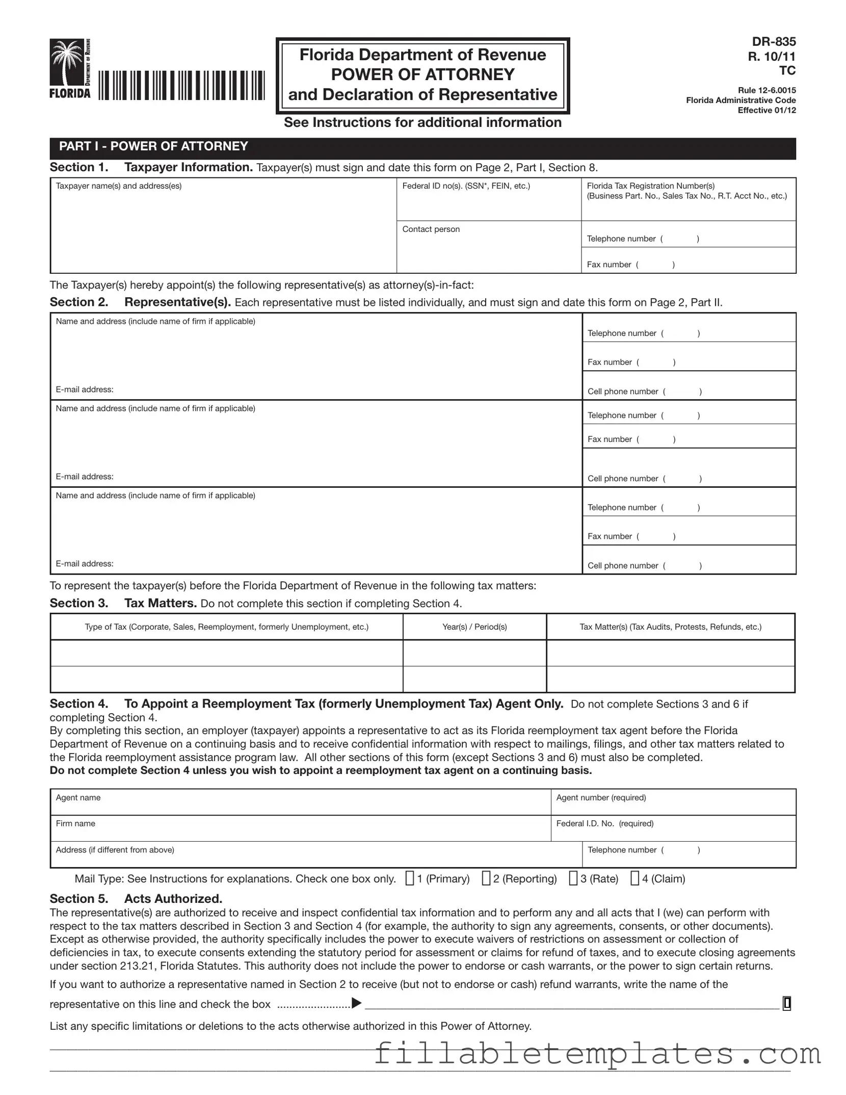 Official Tax POA dr 835 Template in PDF