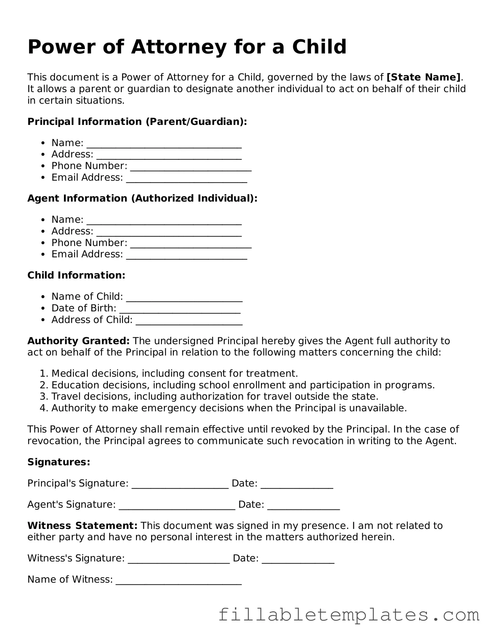 Printable Power of Attorney for a Child Form