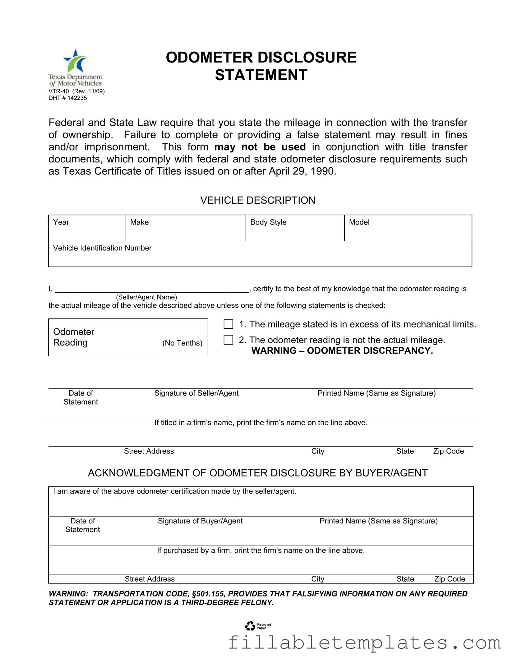 Official Texas Odometer Statement Template in PDF