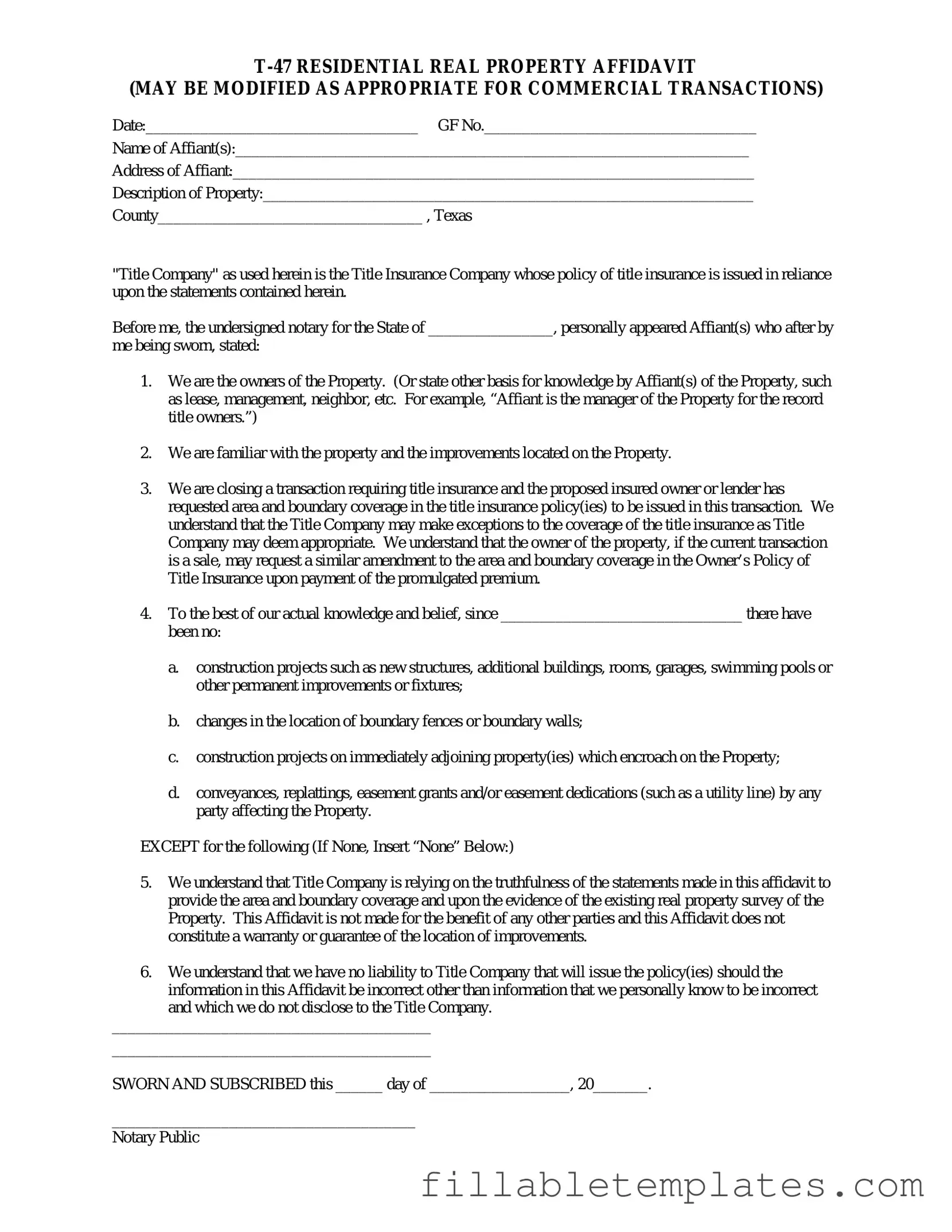 Official Texas residential property affidavit T-47 Template in PDF