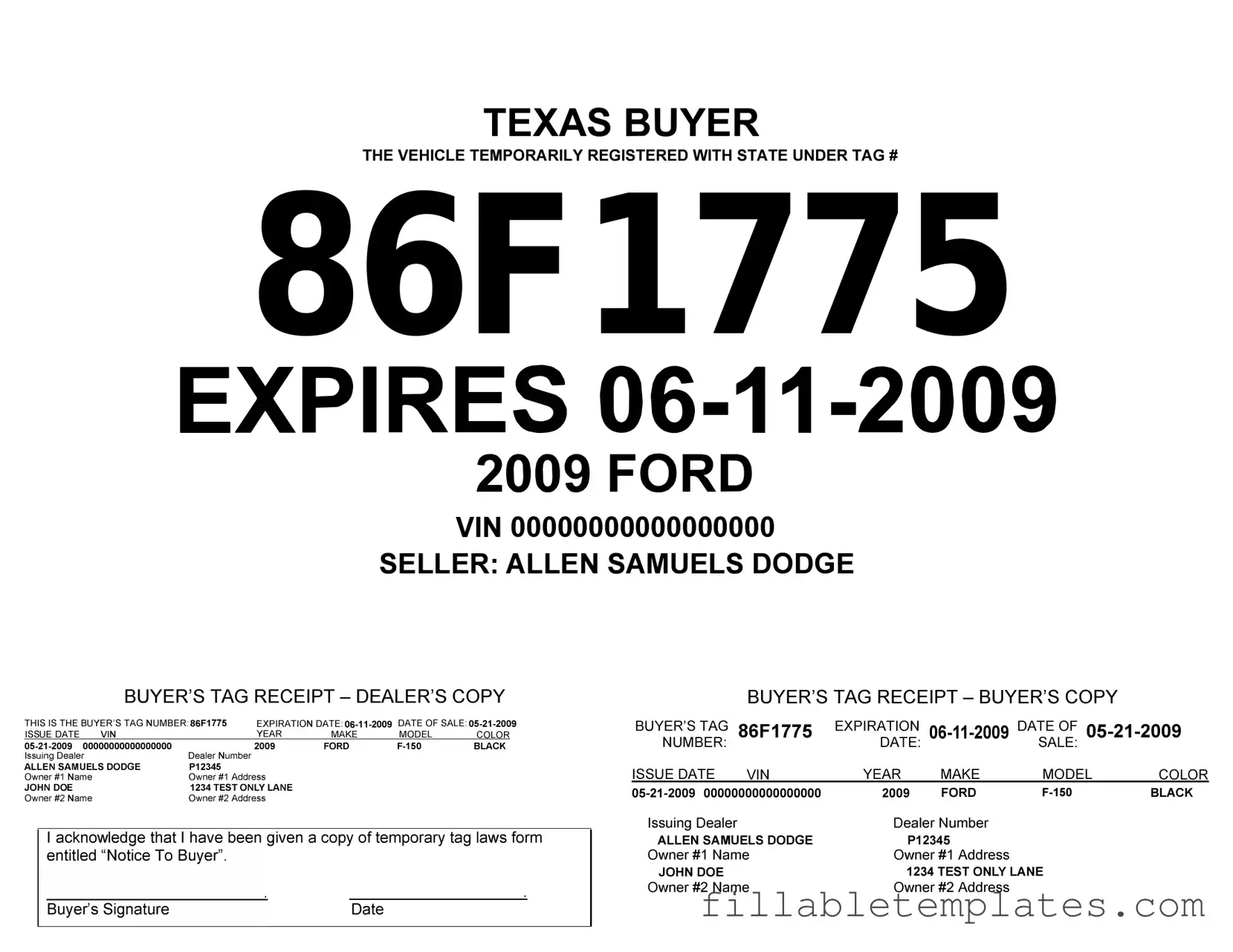 Official Texas Temporary Tag Template in PDF