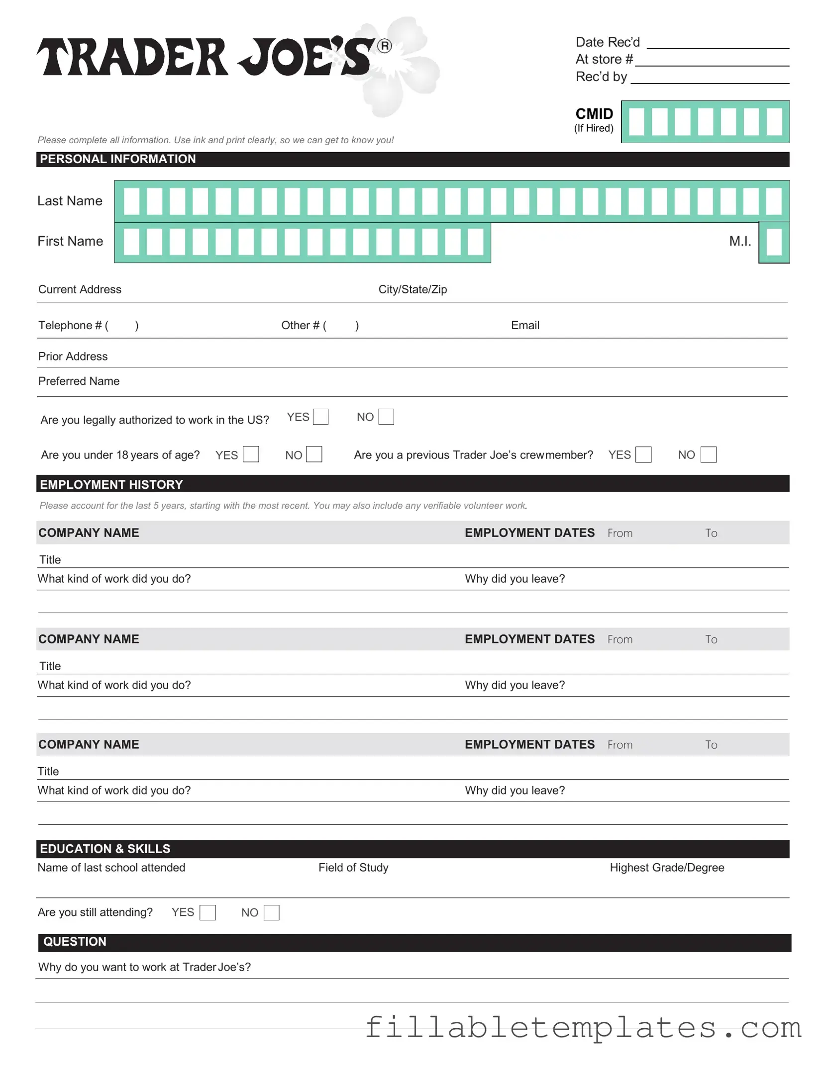 Official Trader Joe's application Template in PDF