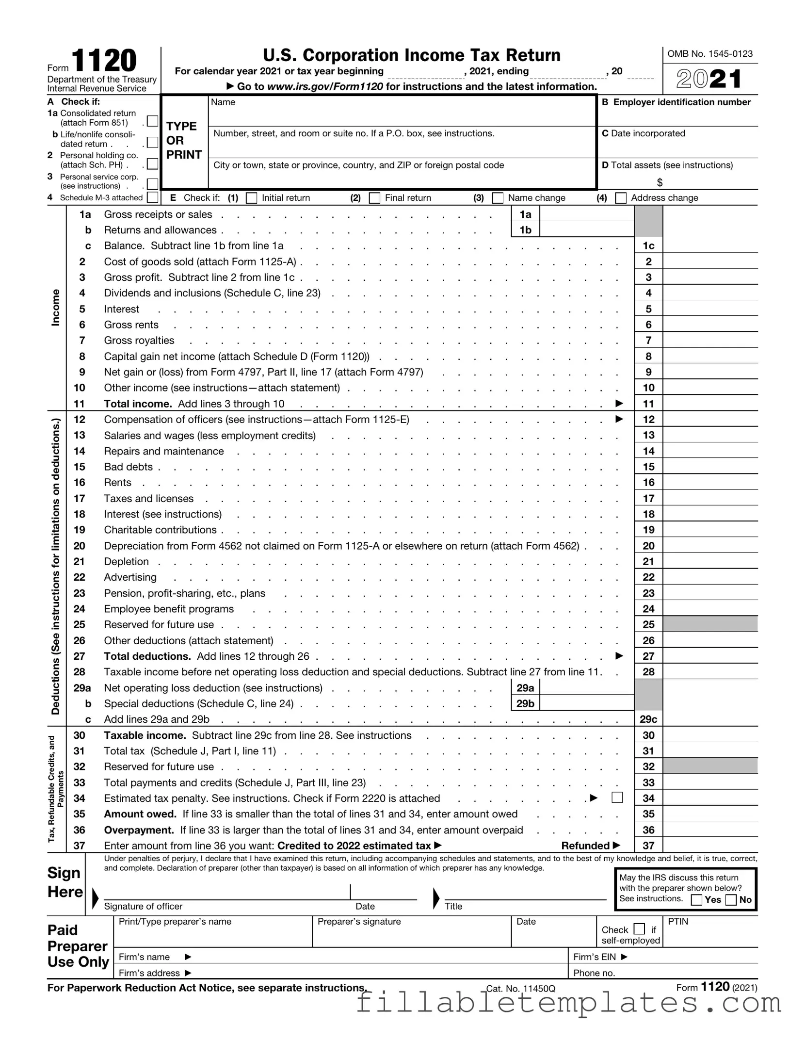 Official IRS 1120 Template in PDF