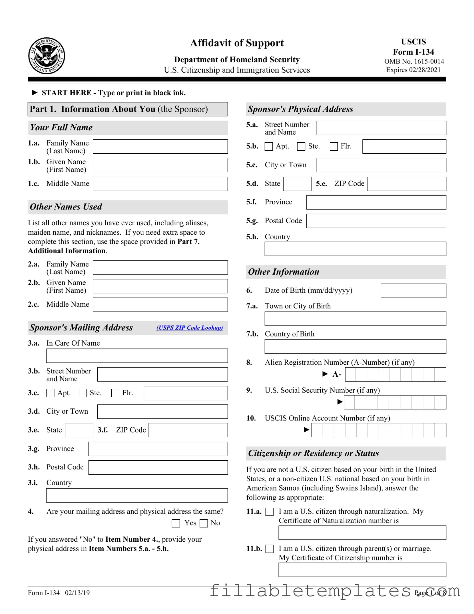 Official USCIS I-134 Template in PDF
