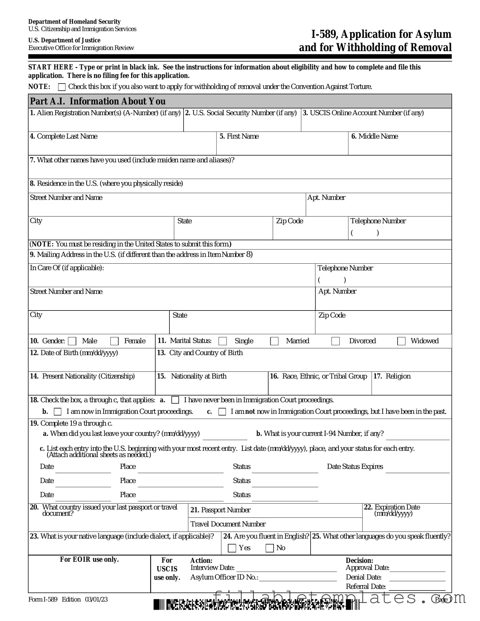 Official USCIS I-589 Template in PDF