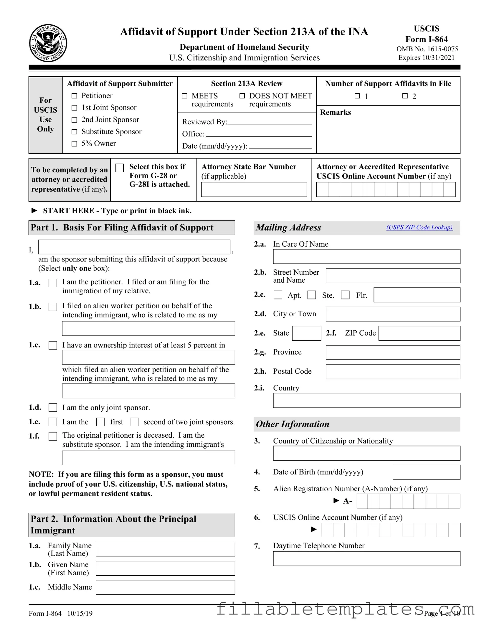 Official USCIS I-864 Template in PDF