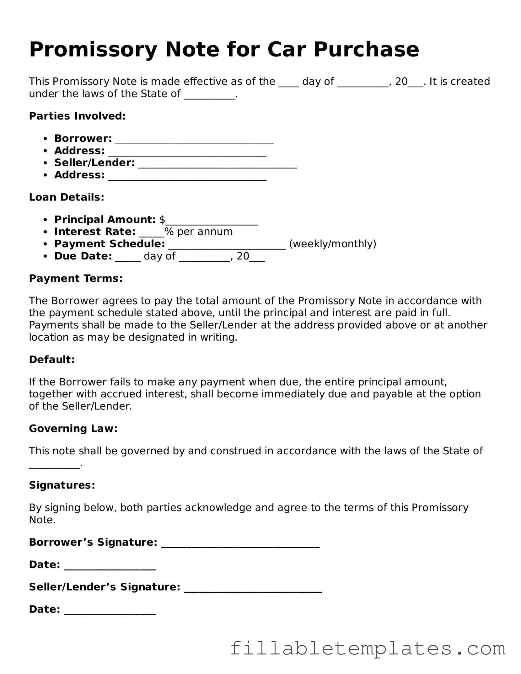 Printable Promissory Note for a Car Form