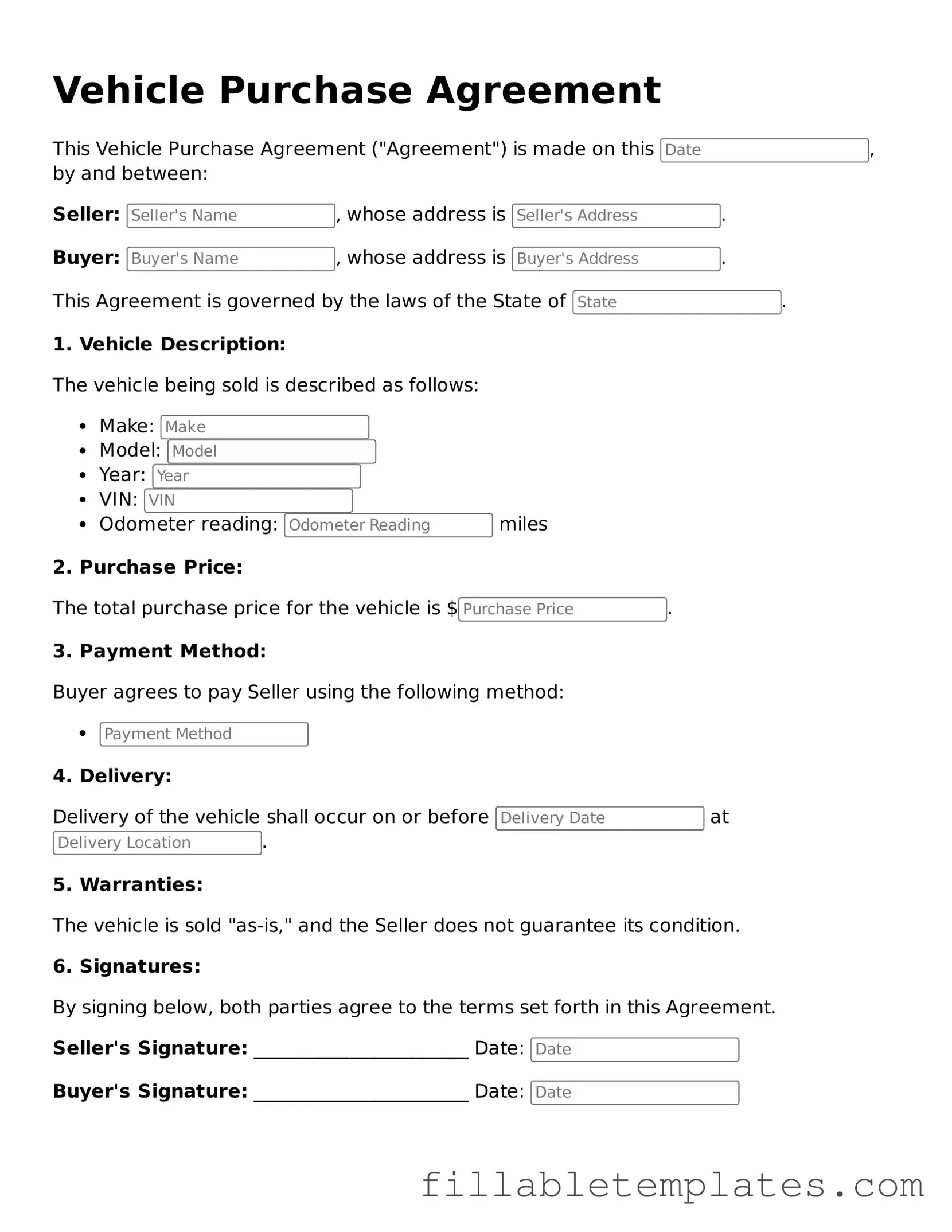 Printable Vehicle Purchase Agreement Form