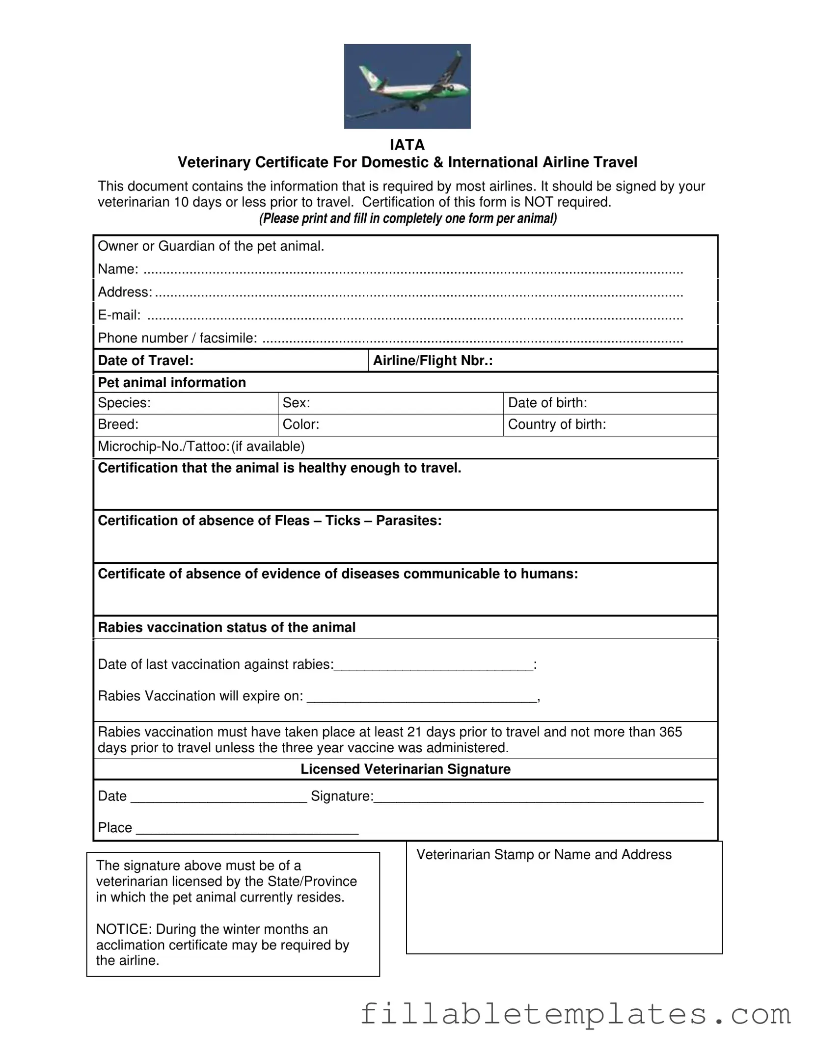 Official Veterinary Certificate Travel Template in PDF