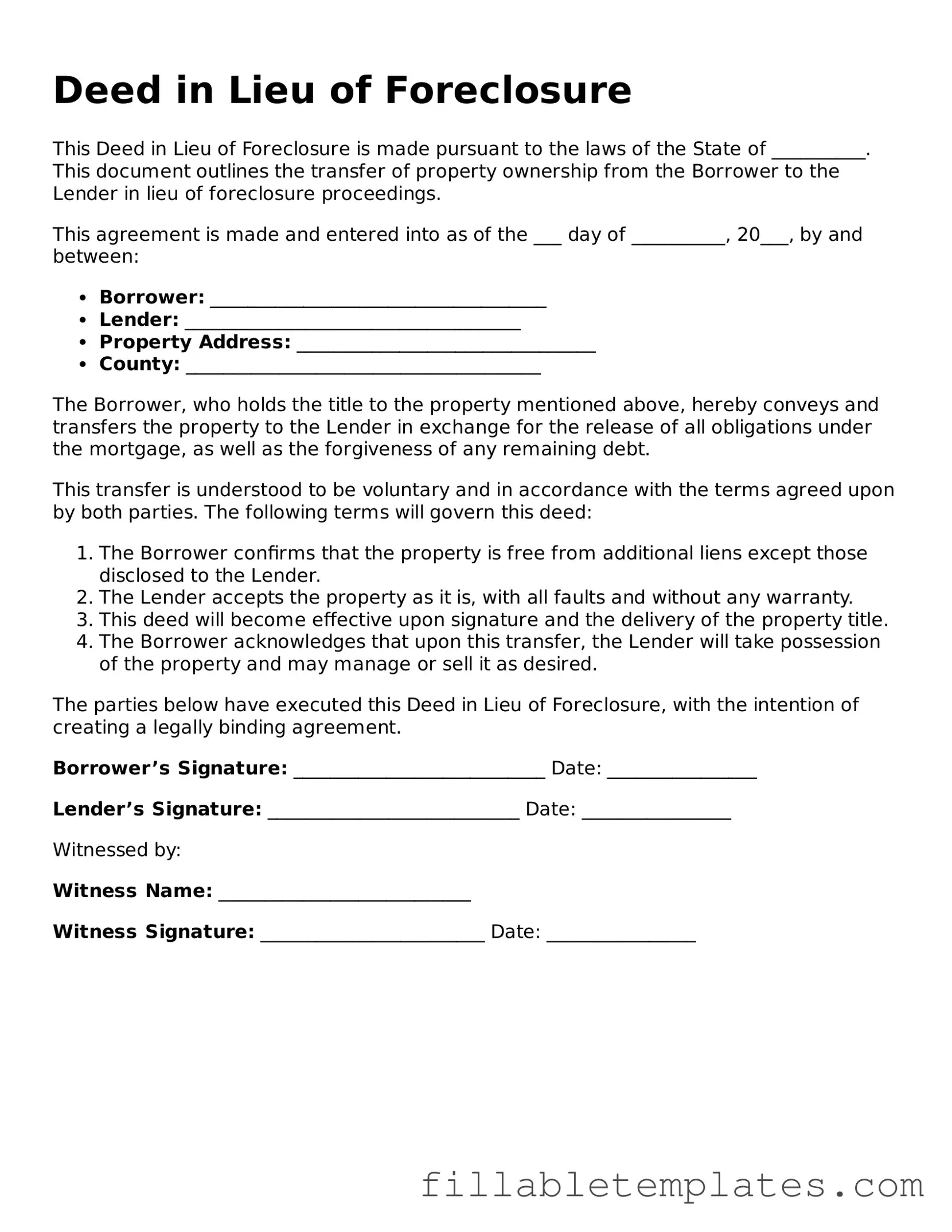 Printable Deed in Lieu of Foreclosure Form