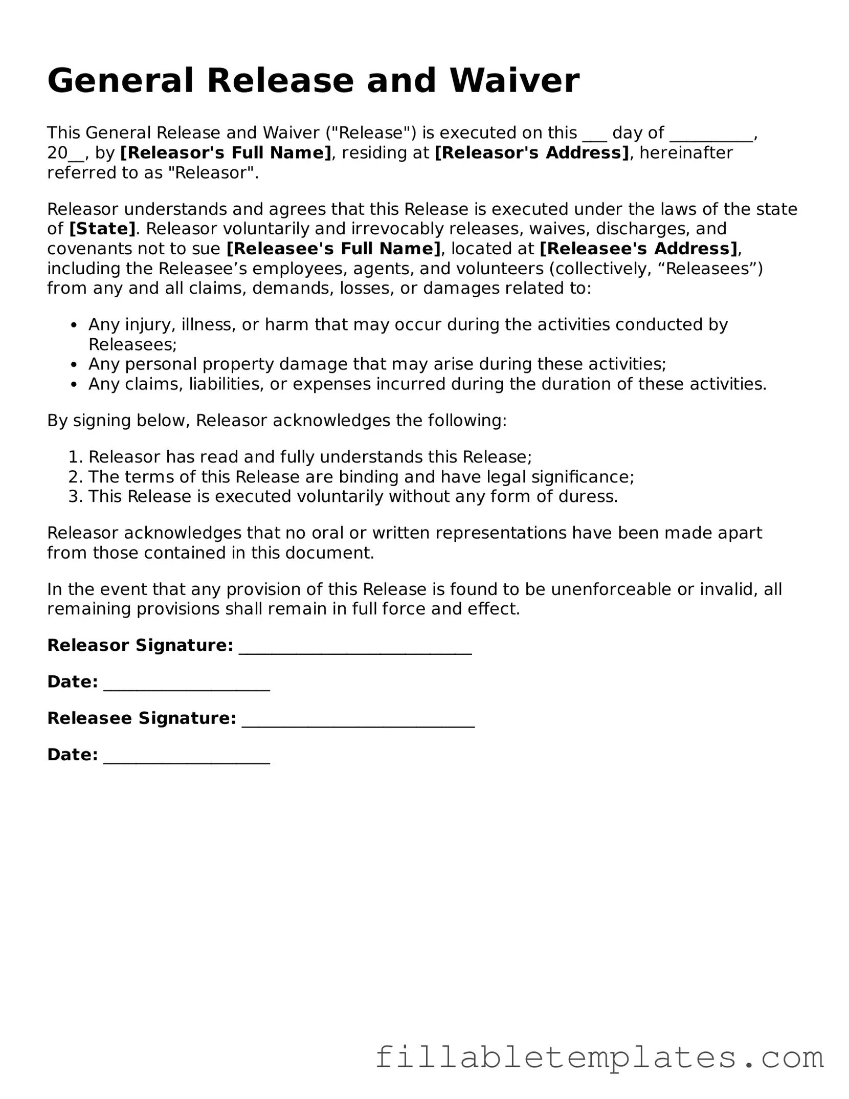 Printable General Release and Waiver Form