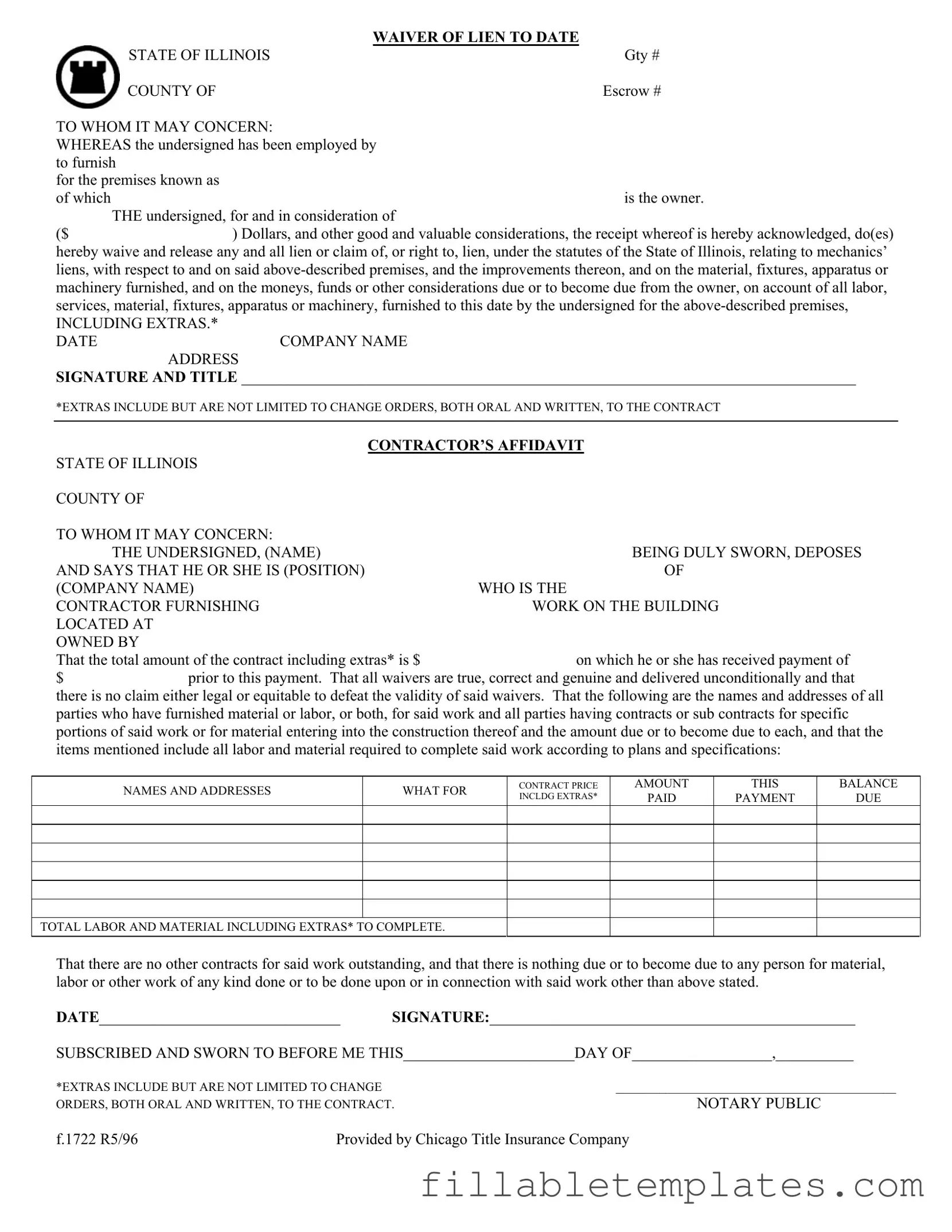 Official Chicago Title Waiver Format Template in PDF