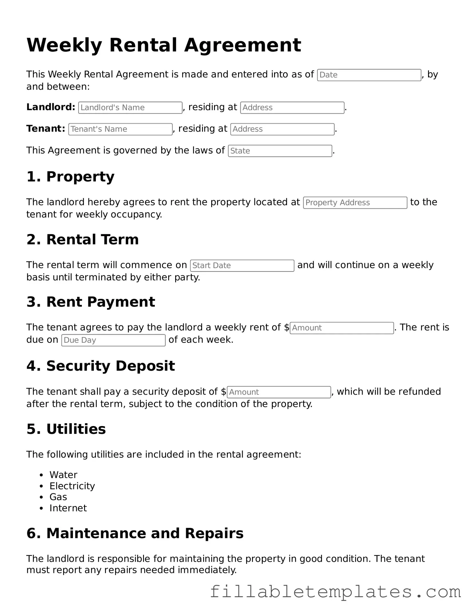 Printable Weekly Rental Agreement Form