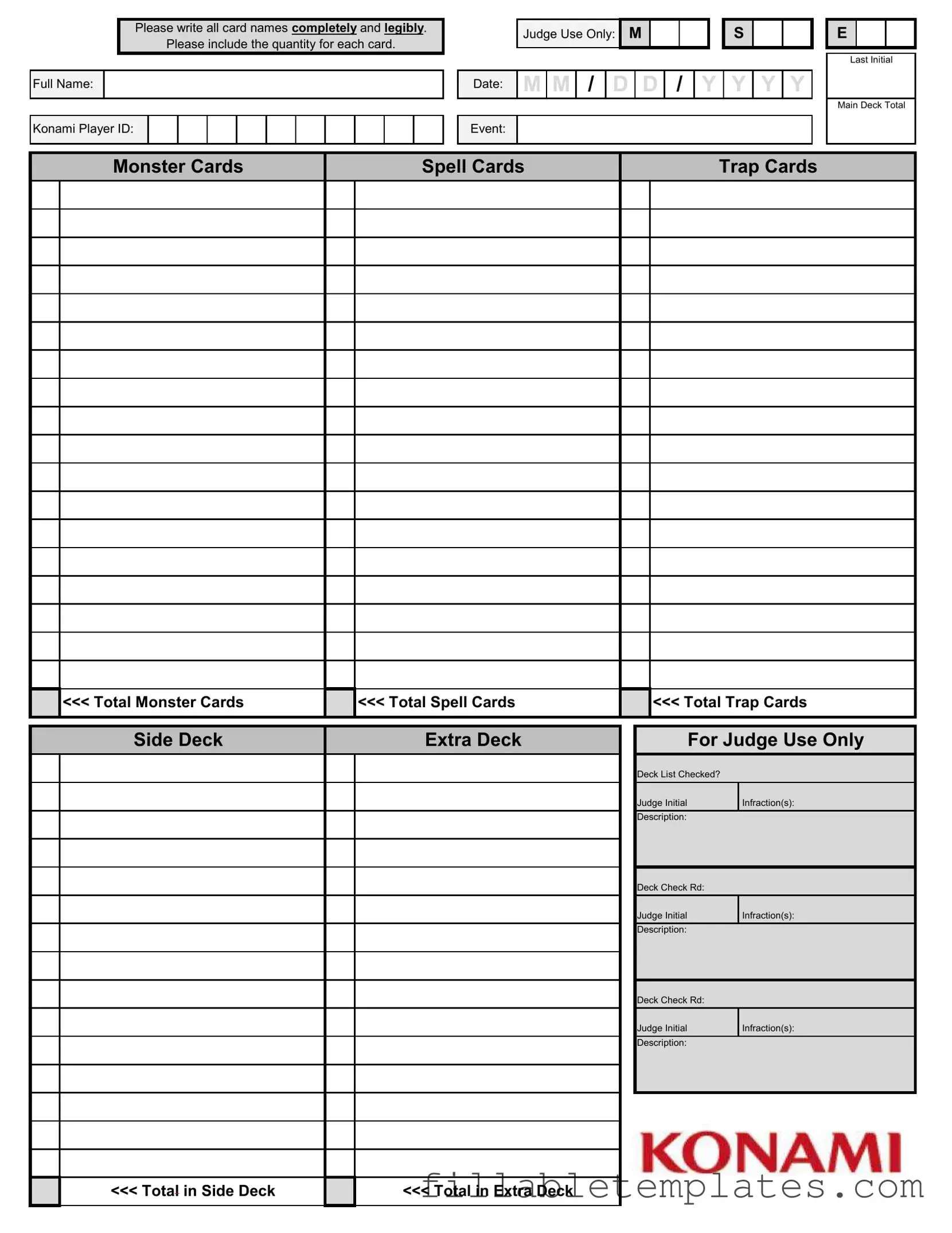 Official Konami Decklist Template in PDF